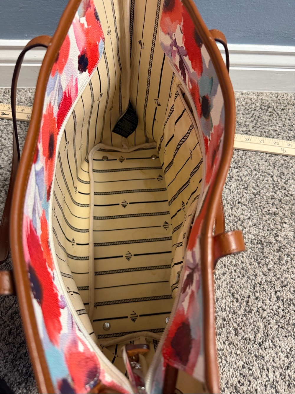 Lauren Ralph Lauren Floral Canvas Tote in Red, Coral & Blue with Brown Trim - Picture 8 of 12